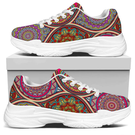Oval Bohemian Mandala Patchwork Print White Chunky Shoes