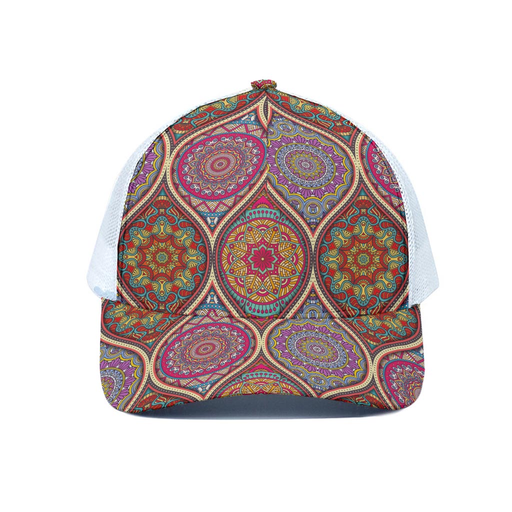 Oval Bohemian Mandala Patchwork Print White Mesh Trucker Cap