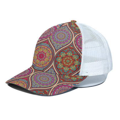 Oval Bohemian Mandala Patchwork Print White Mesh Trucker Cap