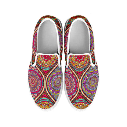 Oval Bohemian Mandala Patchwork Print White Slip On Sneakers