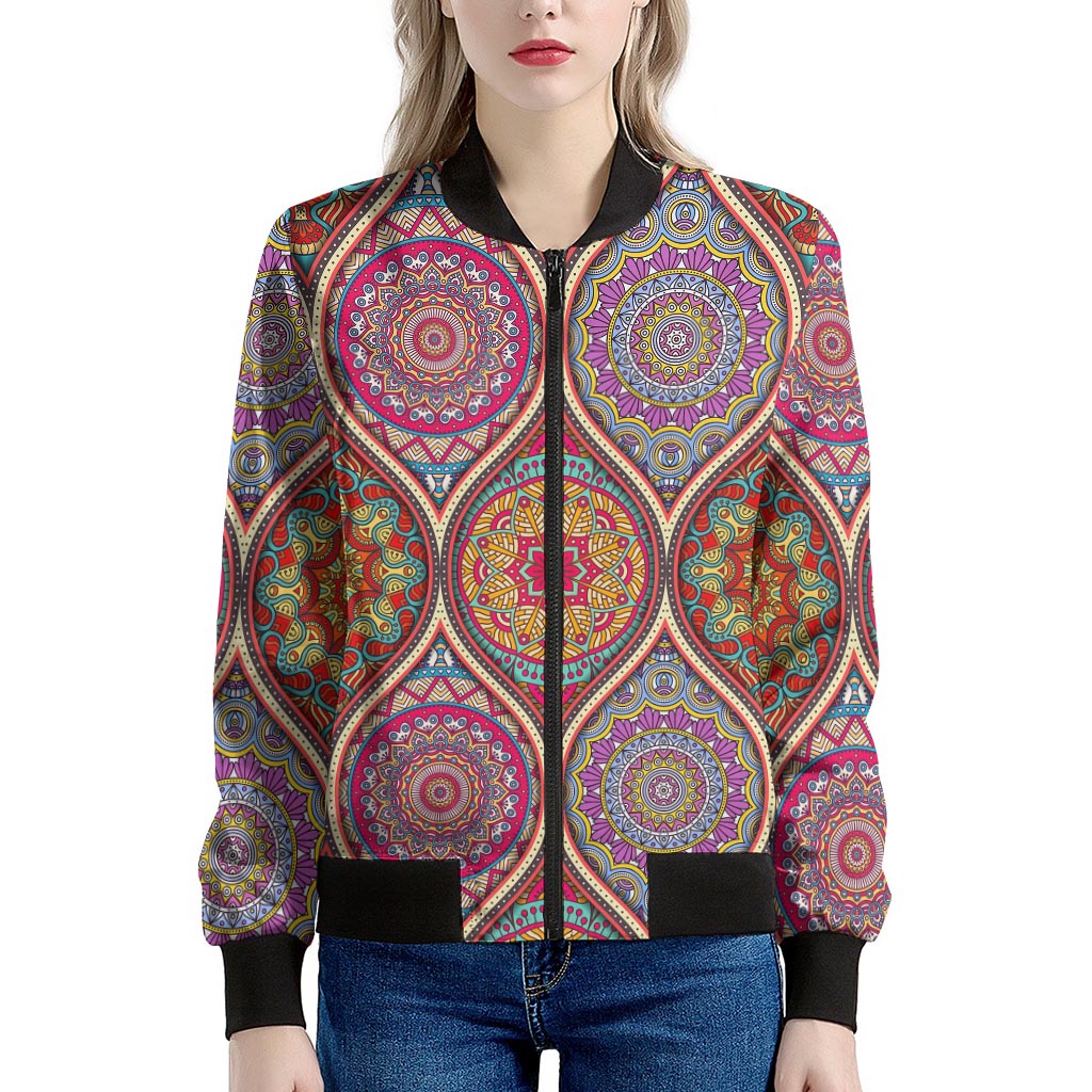 Oval Bohemian Mandala Patchwork Print Women's Bomber Jacket