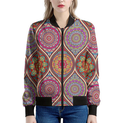 Oval Bohemian Mandala Patchwork Print Women's Bomber Jacket