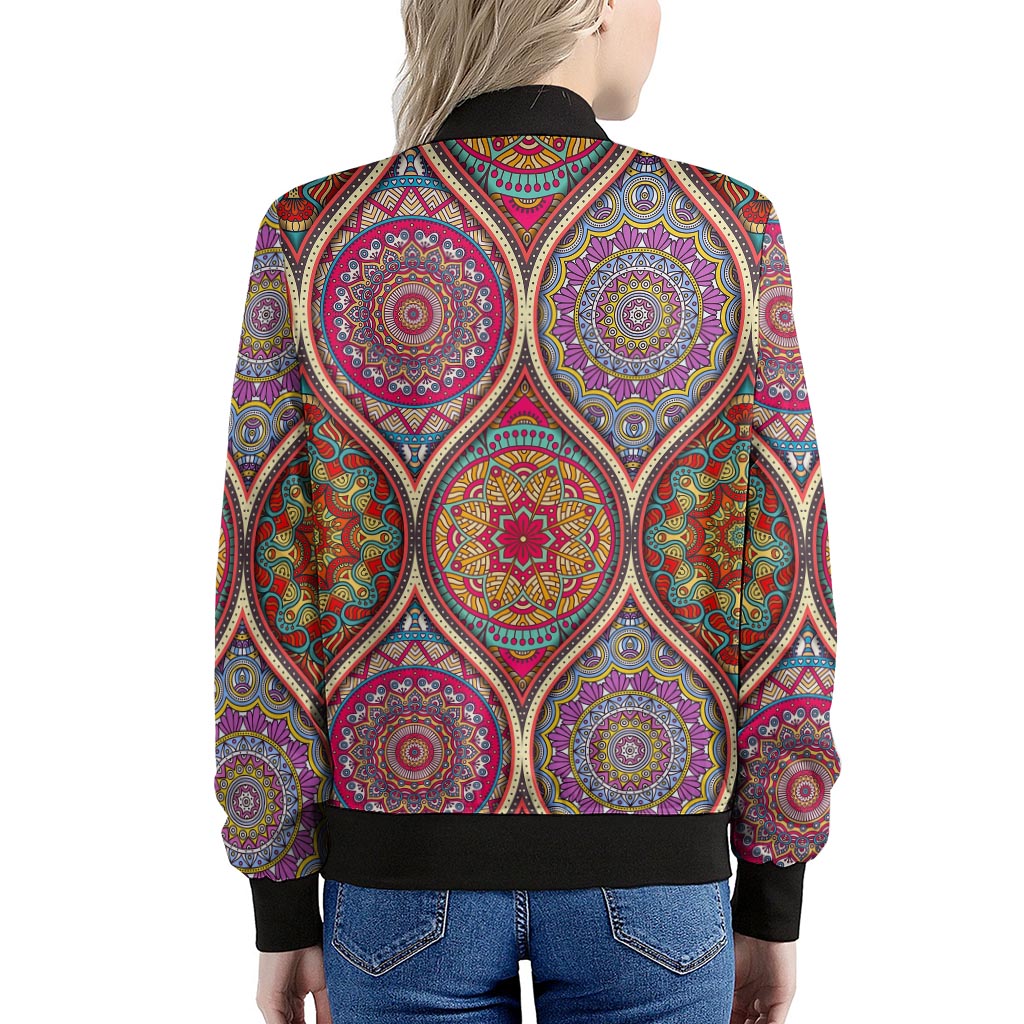 Oval Bohemian Mandala Patchwork Print Women's Bomber Jacket