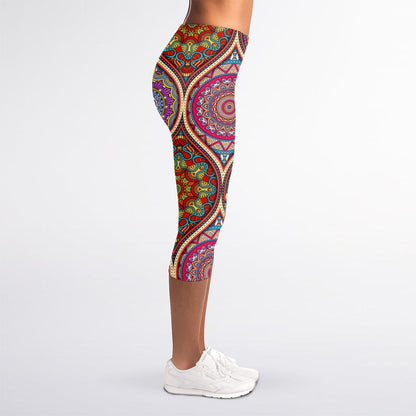 Oval Bohemian Mandala Patchwork Print Women's Capri Leggings