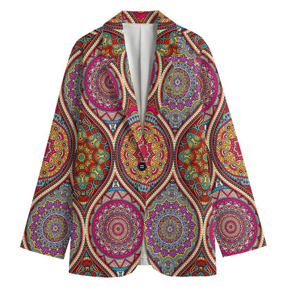 Oval Bohemian Mandala Patchwork Print Women's Cotton Blazer