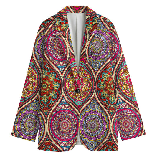 Oval Bohemian Mandala Patchwork Print Women's Cotton Blazer