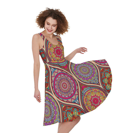 Oval Bohemian Mandala Patchwork Print Women's Sleeveless Dress