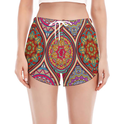 Oval Bohemian Mandala Patchwork Print Women's Split Running Shorts