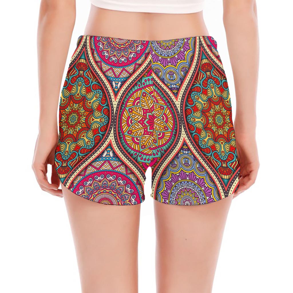 Oval Bohemian Mandala Patchwork Print Women's Split Running Shorts