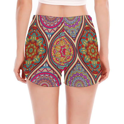 Oval Bohemian Mandala Patchwork Print Women's Split Running Shorts