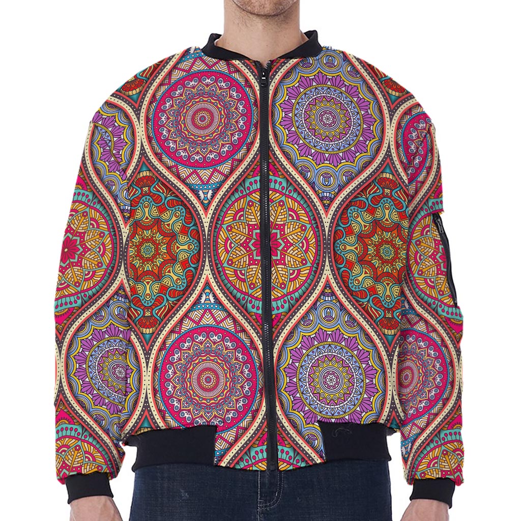 Oval Bohemian Mandala Patchwork Print Zip Sleeve Bomber Jacket