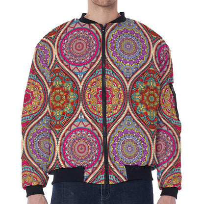 Oval Bohemian Mandala Patchwork Print Zip Sleeve Bomber Jacket