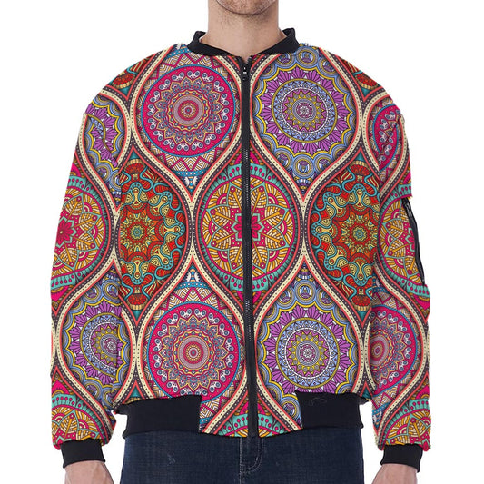 Oval Bohemian Mandala Patchwork Print Zip Sleeve Bomber Jacket