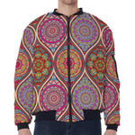 Oval Bohemian Mandala Patchwork Print Zip Sleeve Bomber Jacket
