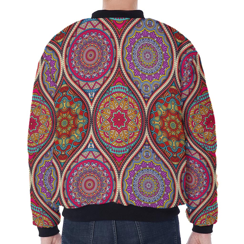 Oval Bohemian Mandala Patchwork Print Zip Sleeve Bomber Jacket