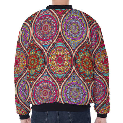 Oval Bohemian Mandala Patchwork Print Zip Sleeve Bomber Jacket