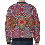 Oval Bohemian Mandala Patchwork Print Zip Sleeve Bomber Jacket