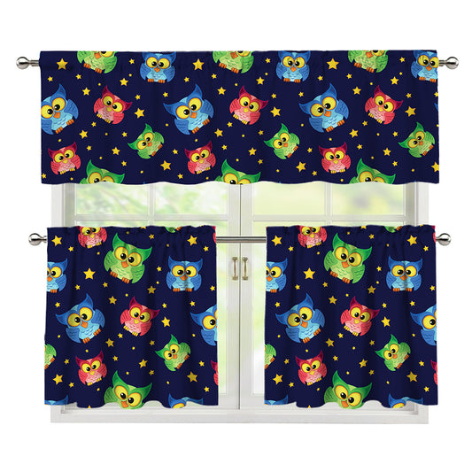 Owl And Star Pattern Print 3 Piece Kitchen Curtains