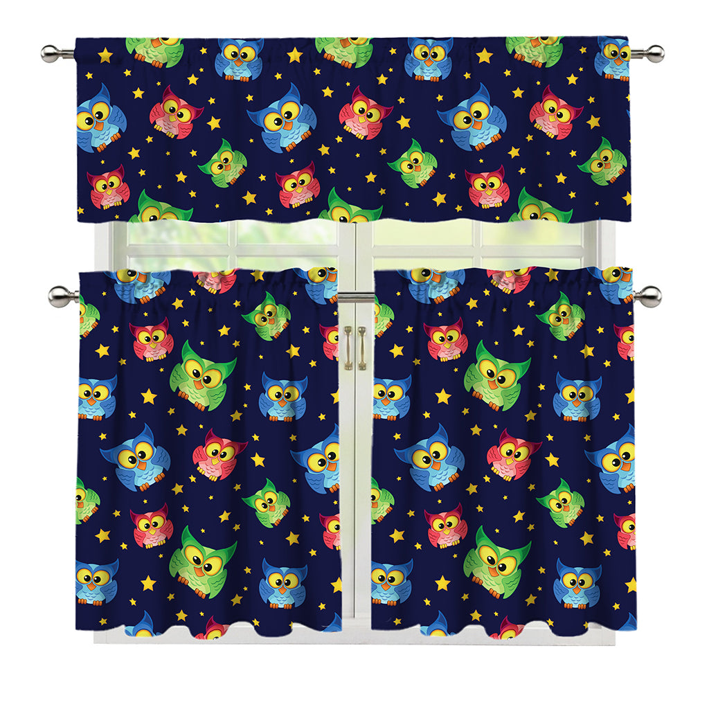 Owl And Star Pattern Print 3 Piece Kitchen Curtains