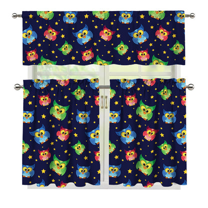 Owl And Star Pattern Print 3 Piece Kitchen Curtains