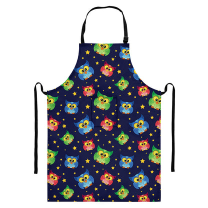 Owl And Star Pattern Print Bib Apron With Pocket