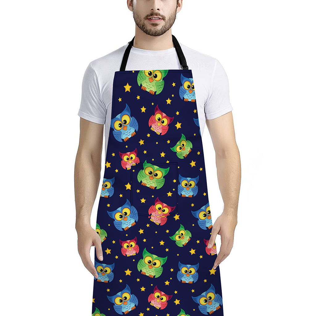 Owl And Star Pattern Print Bib Apron With Pocket