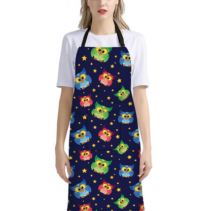 Owl And Star Pattern Print Bib Apron With Pocket