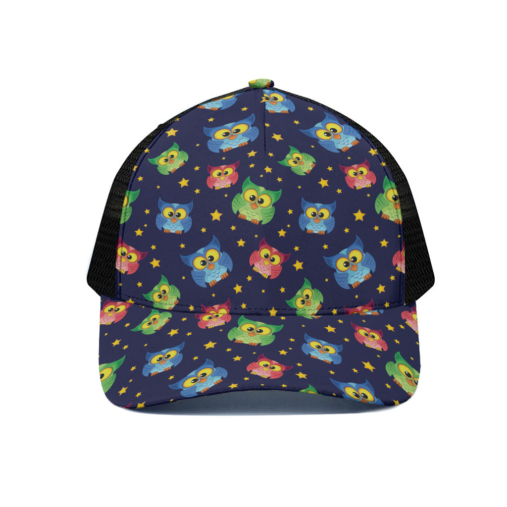 Owl And Star Pattern Print Black Mesh Trucker Cap