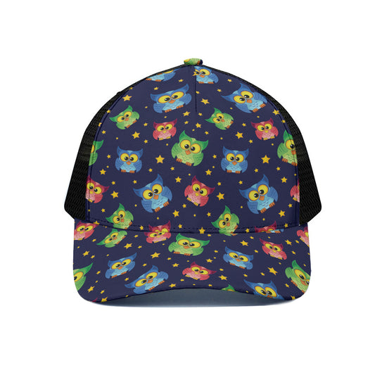 Owl And Star Pattern Print Black Mesh Trucker Cap