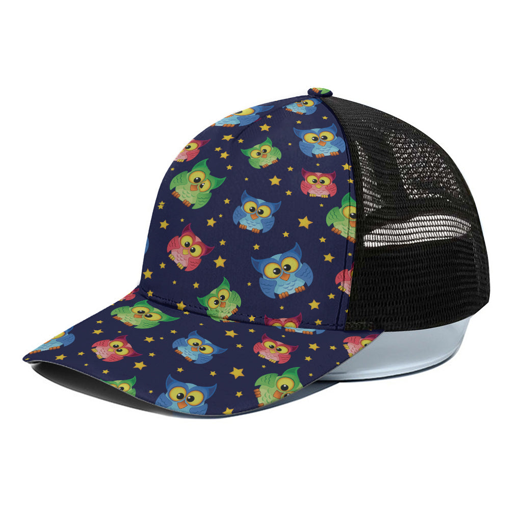 Owl And Star Pattern Print Black Mesh Trucker Cap