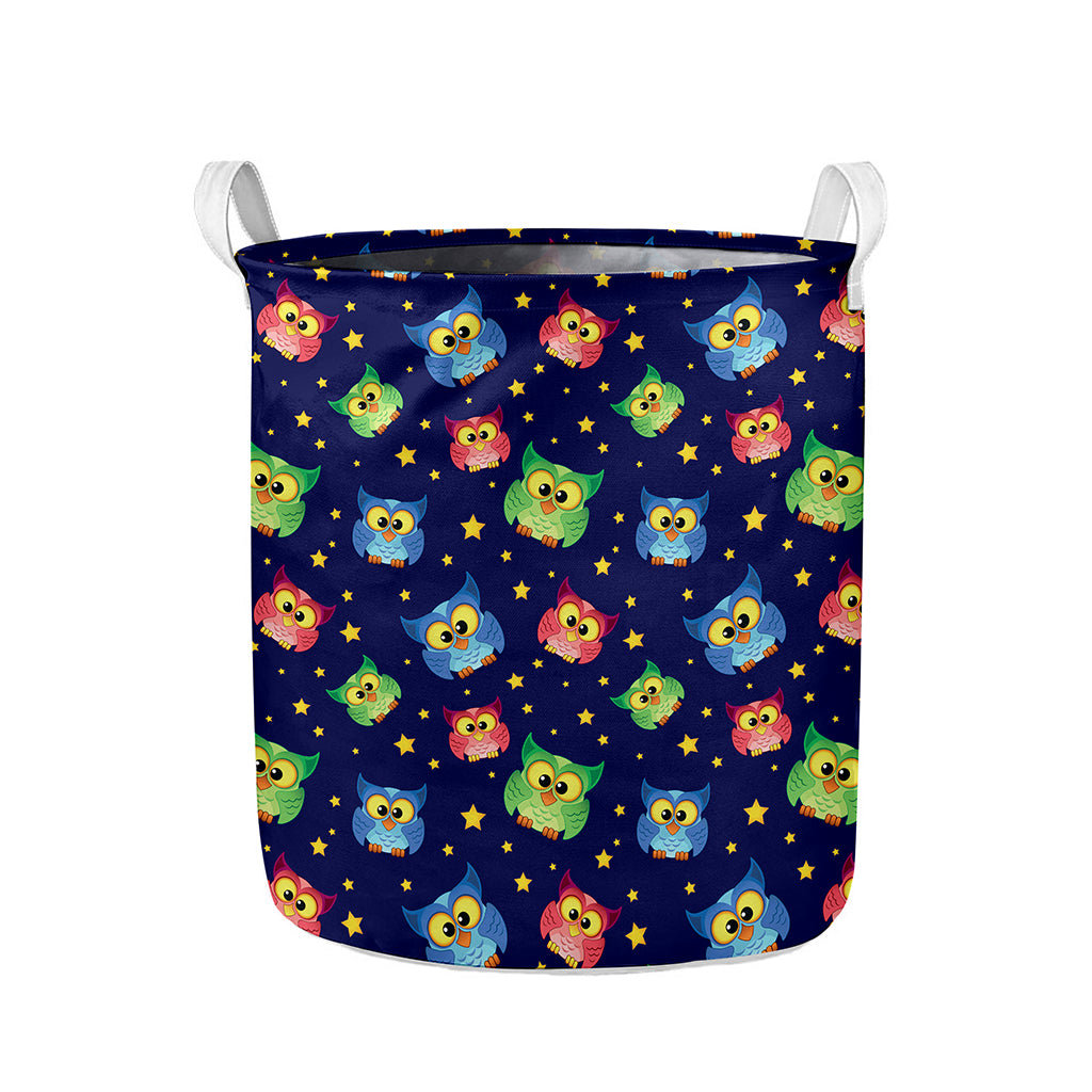 Owl And Star Pattern Print Collapsible Laundry Basket