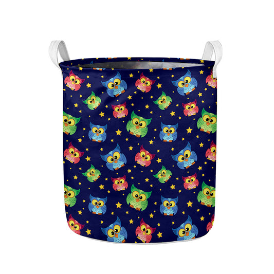 Owl And Star Pattern Print Collapsible Laundry Basket