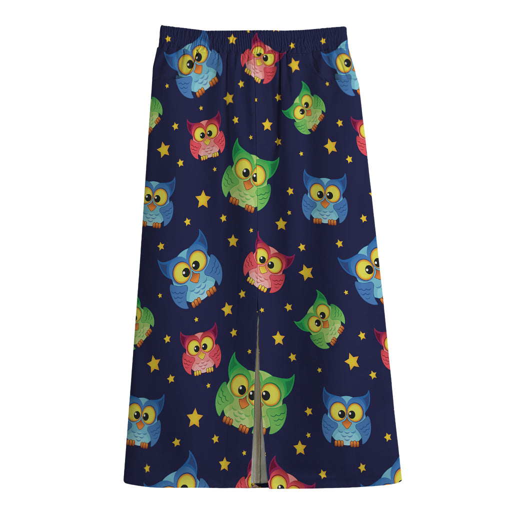 Owl And Star Pattern Print Cotton Front Slit Maxi Skirt