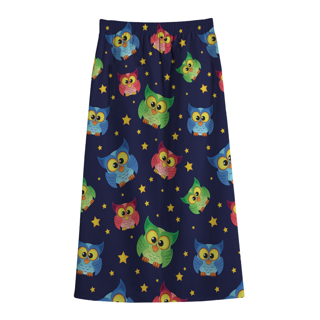 Owl And Star Pattern Print Cotton Front Slit Maxi Skirt