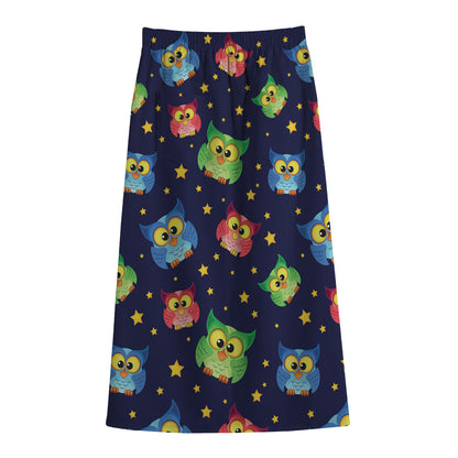Owl And Star Pattern Print Cotton Front Slit Maxi Skirt