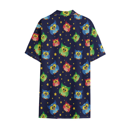 Owl And Star Pattern Print Cotton Hawaiian Shirt