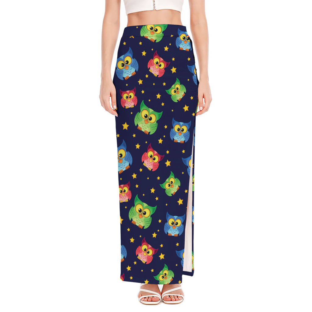 Owl And Star Pattern Print High Slit Maxi Skirt