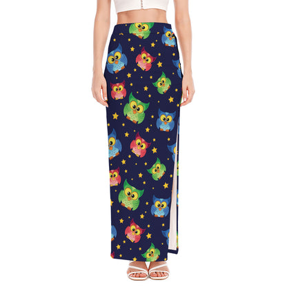 Owl And Star Pattern Print High Slit Maxi Skirt