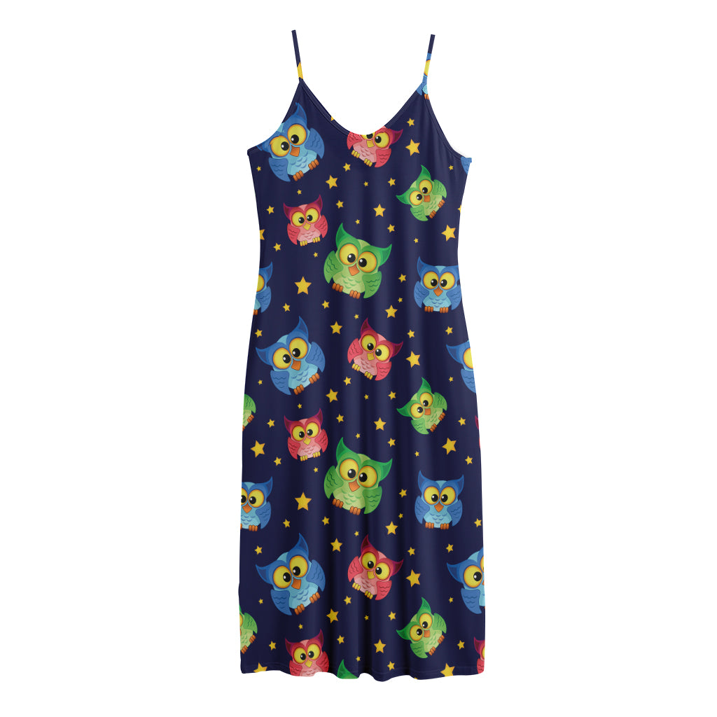 Owl And Star Pattern Print Jersey Midi Cami Dress