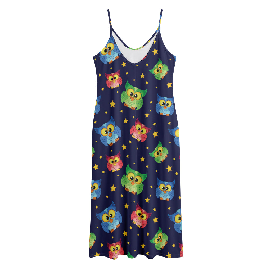 Owl And Star Pattern Print Jersey Midi Cami Dress