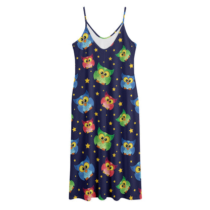 Owl And Star Pattern Print Jersey Midi Cami Dress