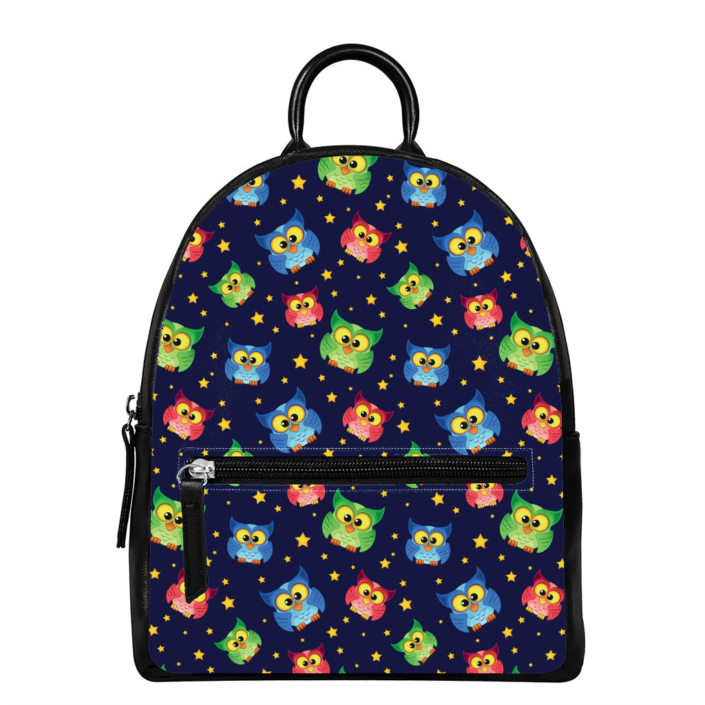 Owl And Star Pattern Print Leather Backpack