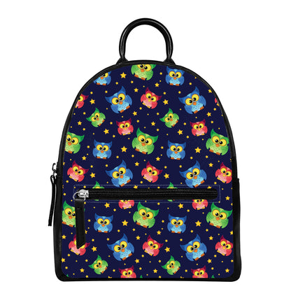 Owl And Star Pattern Print Leather Backpack