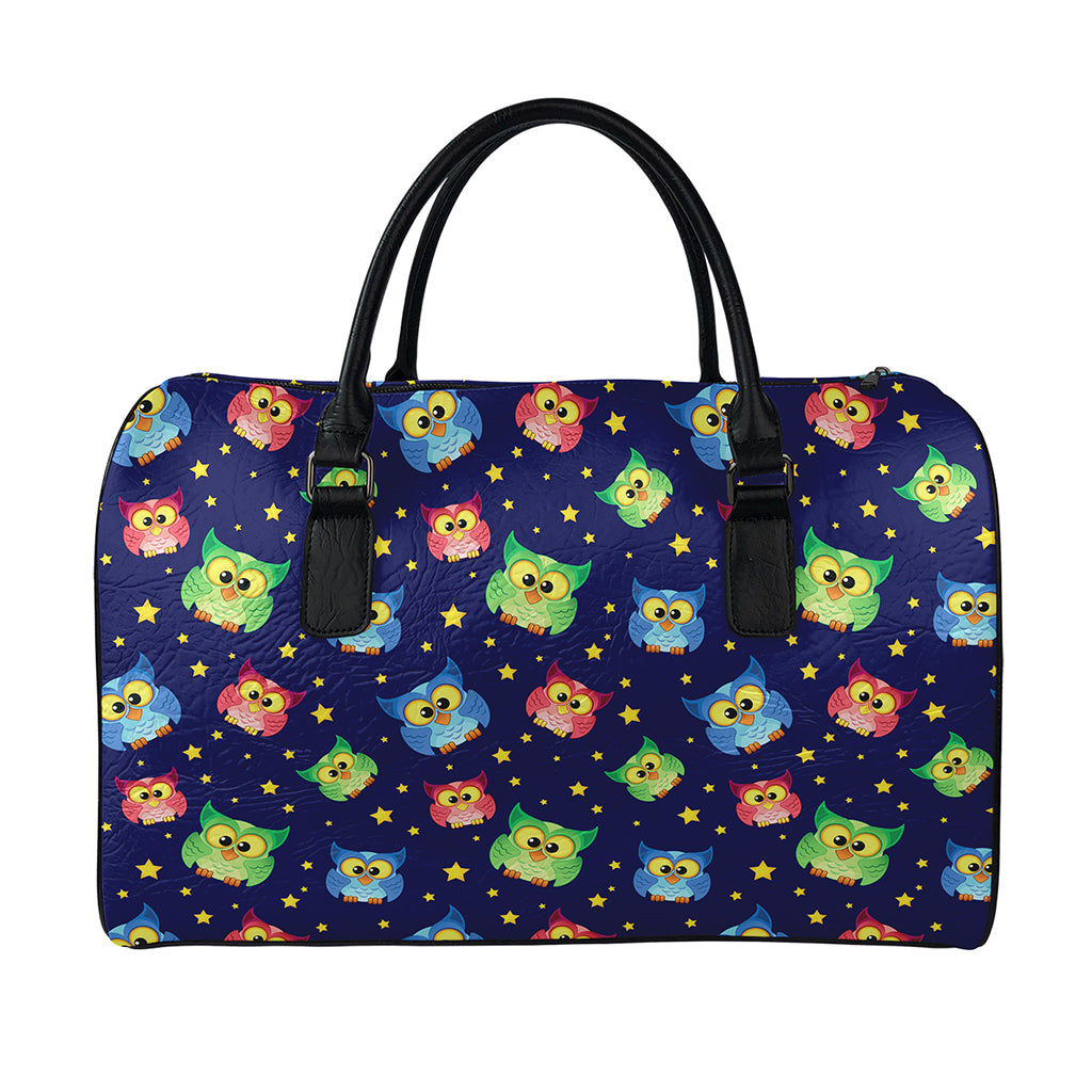 Owl And Star Pattern Print Leather Duffle Bag