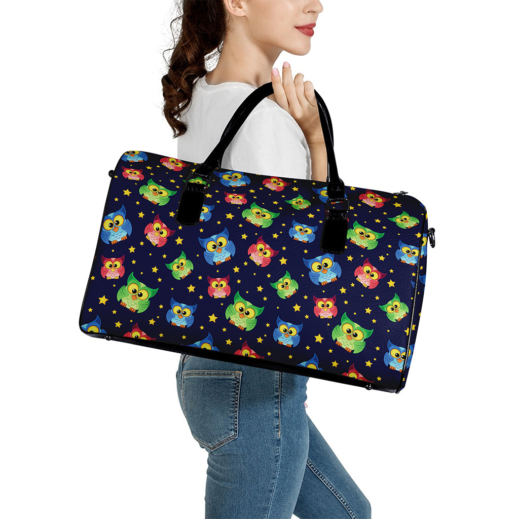 Owl And Star Pattern Print Leather Duffle Bag