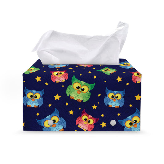 Owl And Star Pattern Print Leather Tissue Box Cover