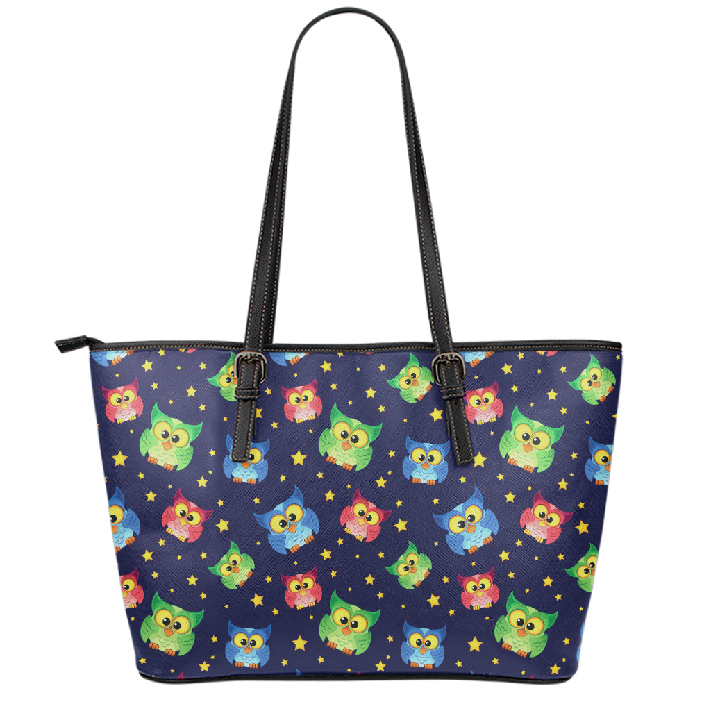 Owl And Star Pattern Print Leather Tote Bag