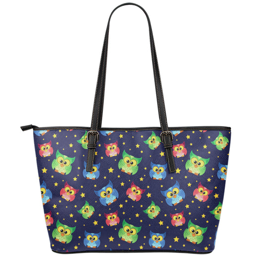 Owl And Star Pattern Print Leather Tote Bag