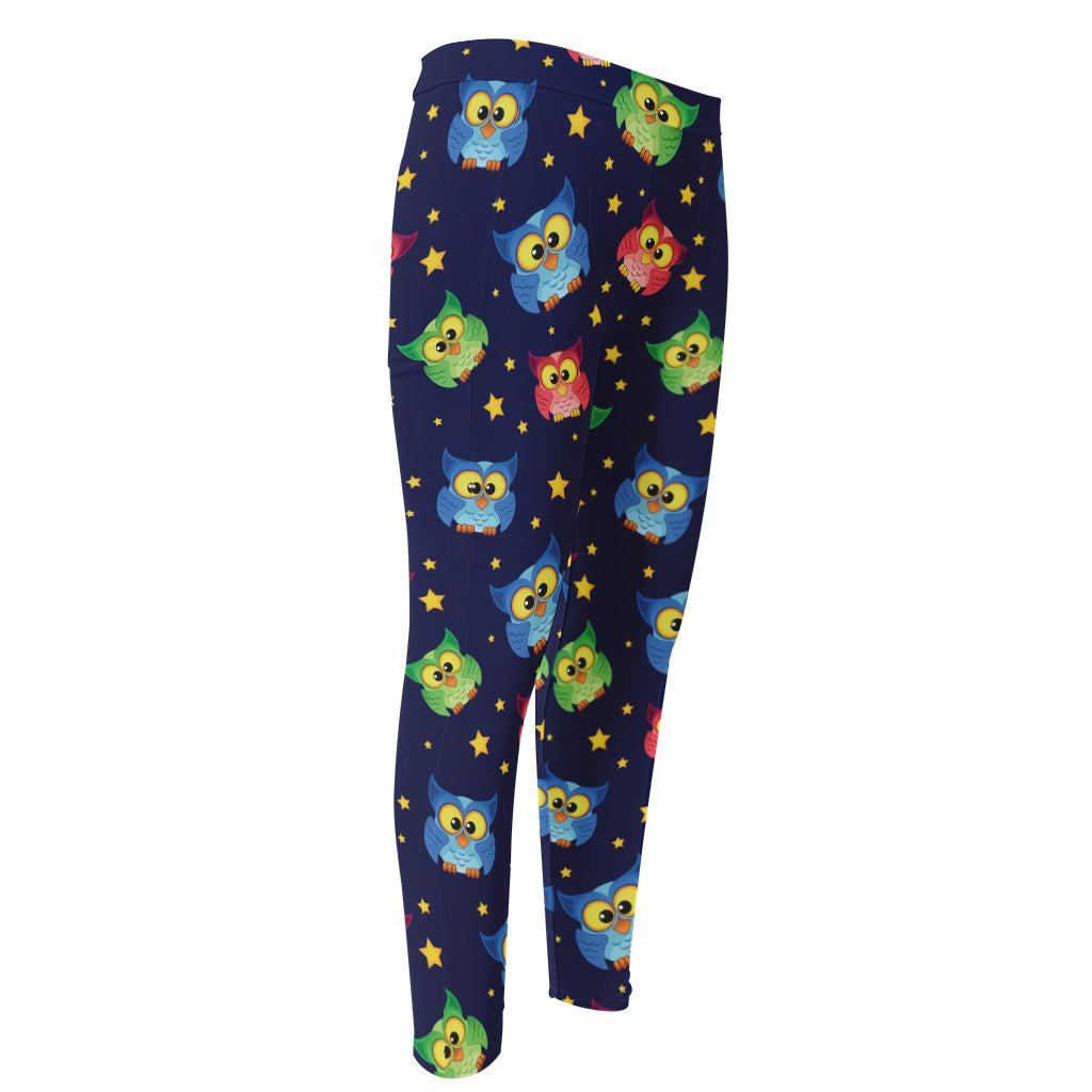 Owl And Star Pattern Print Men's Compression Pants