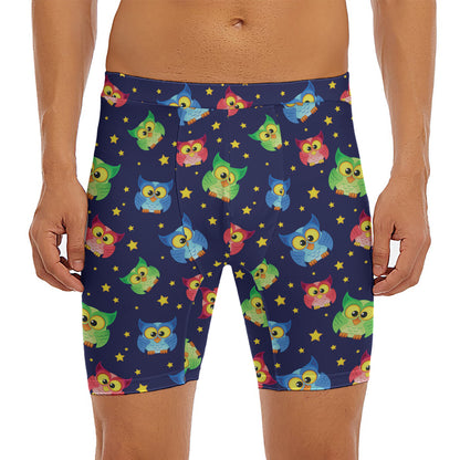 Owl And Star Pattern Print Men's Long Boxer Briefs